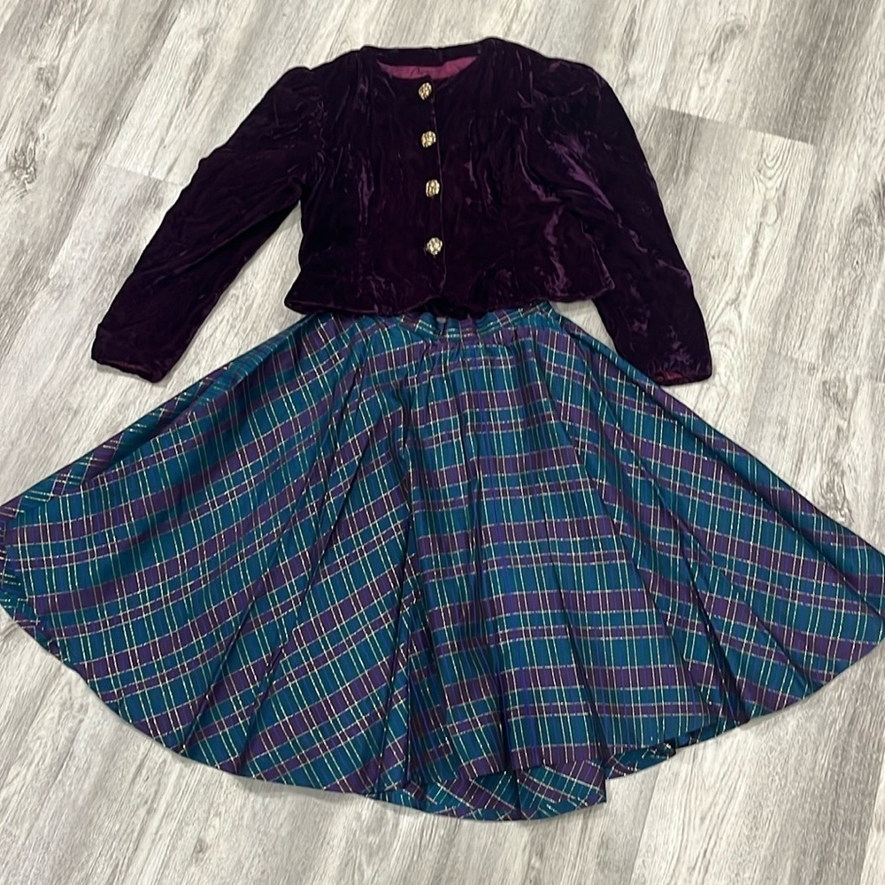 Handmade Vintage Holiday outfit 10/12 velvet cardigan and plaid skirt